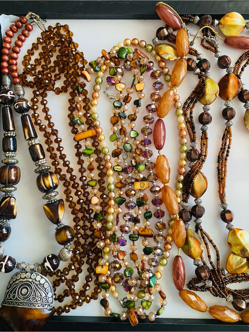 Multi-Strand Beaded Women's Necklaces in Amber, Gold and Green